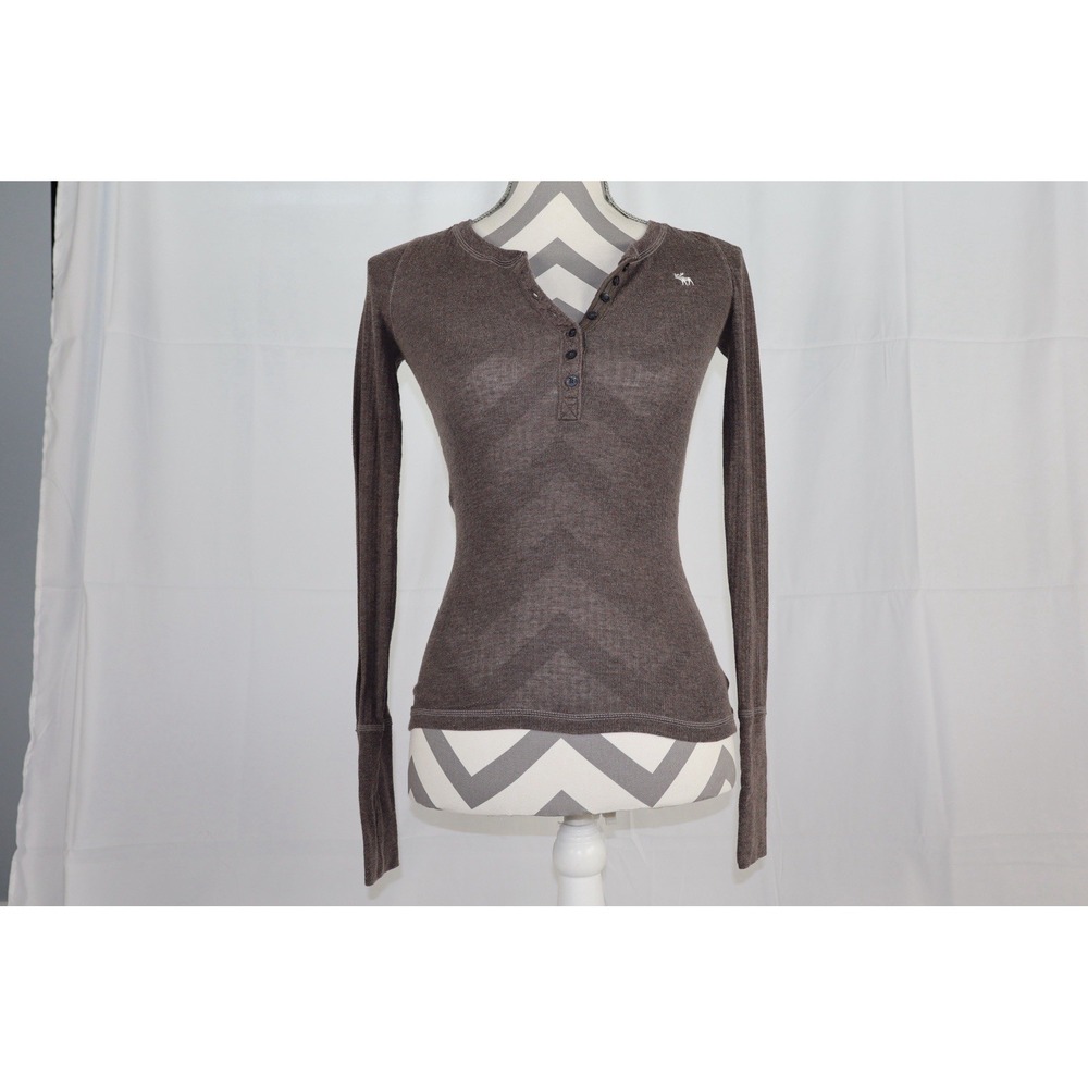 Vintage Y2K Abercrombie Brown Stretch Henley Long Sleeve Moose Logo Top Large - Picture 3 of 8